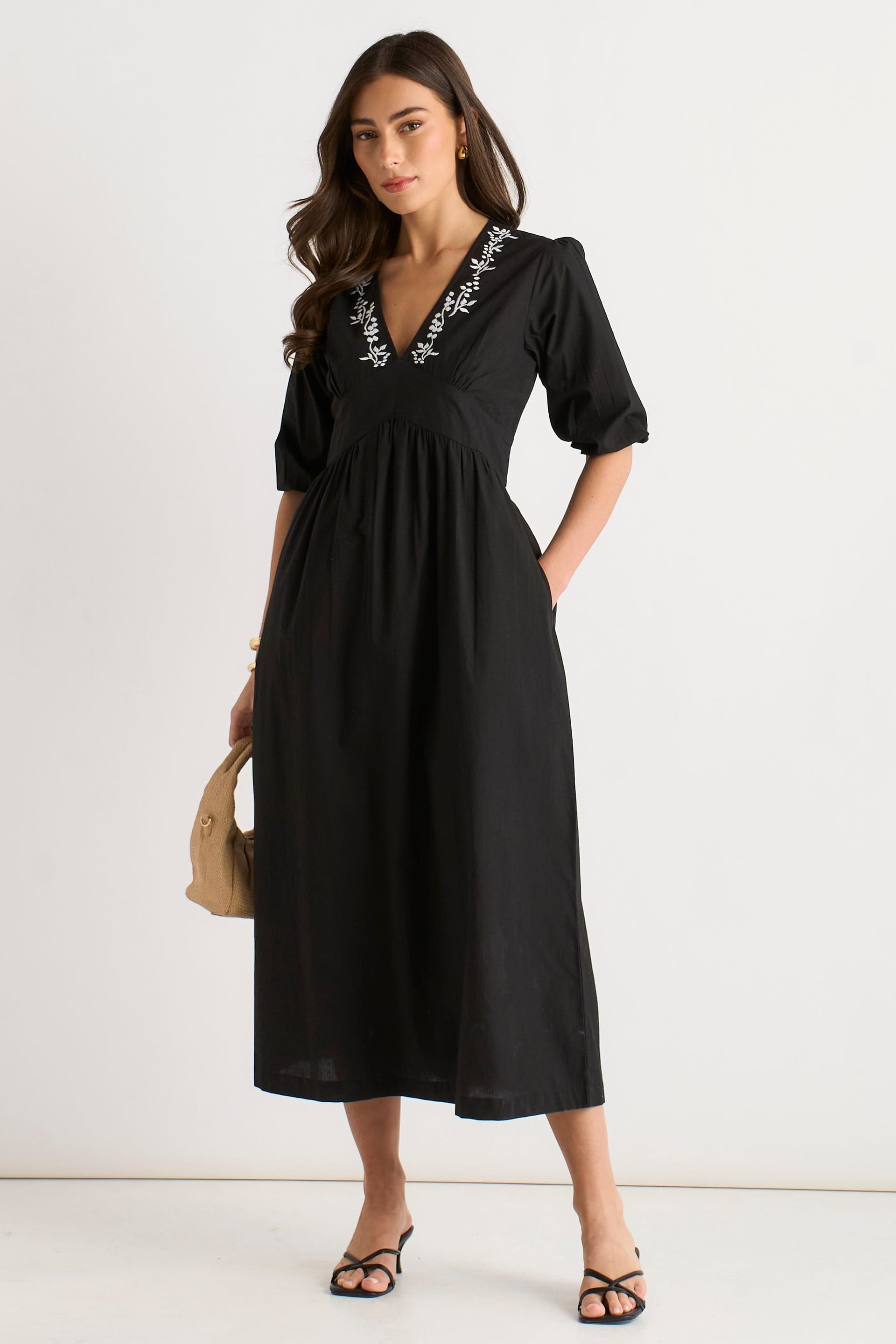 Gini London Black Puff Sleeve Cotton Embroidered Midi Dress