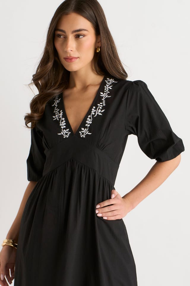 Gini London Gini London Women's Black Puff Sleeve Cotton Embroidered Midi Dress - 2