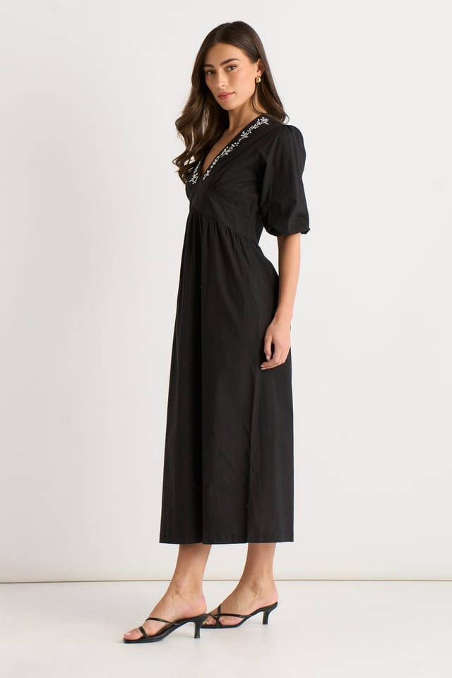 Gini London Gini London Women's Black Puff Sleeve Cotton Embroidered Midi Dress - 3