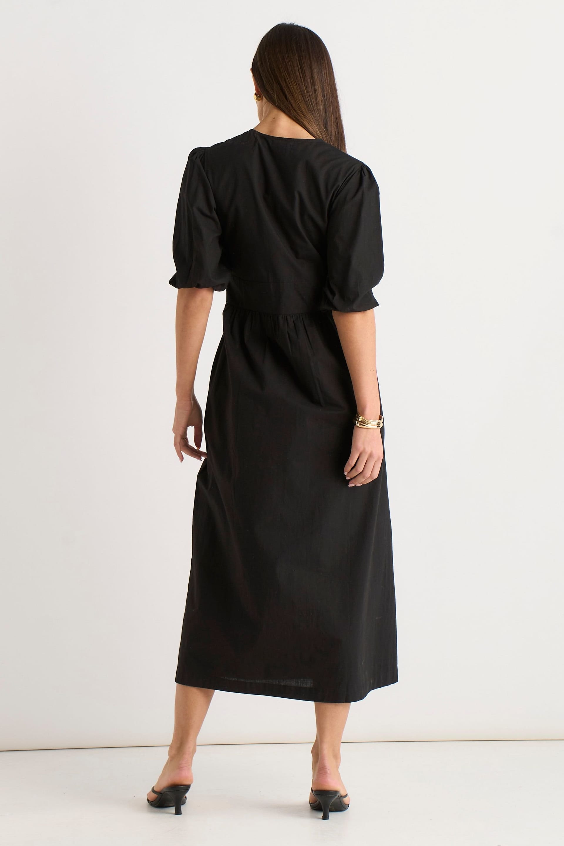 Gini London Gini London Women's Black Puff Sleeve Cotton Embroidered Midi Dress - 4