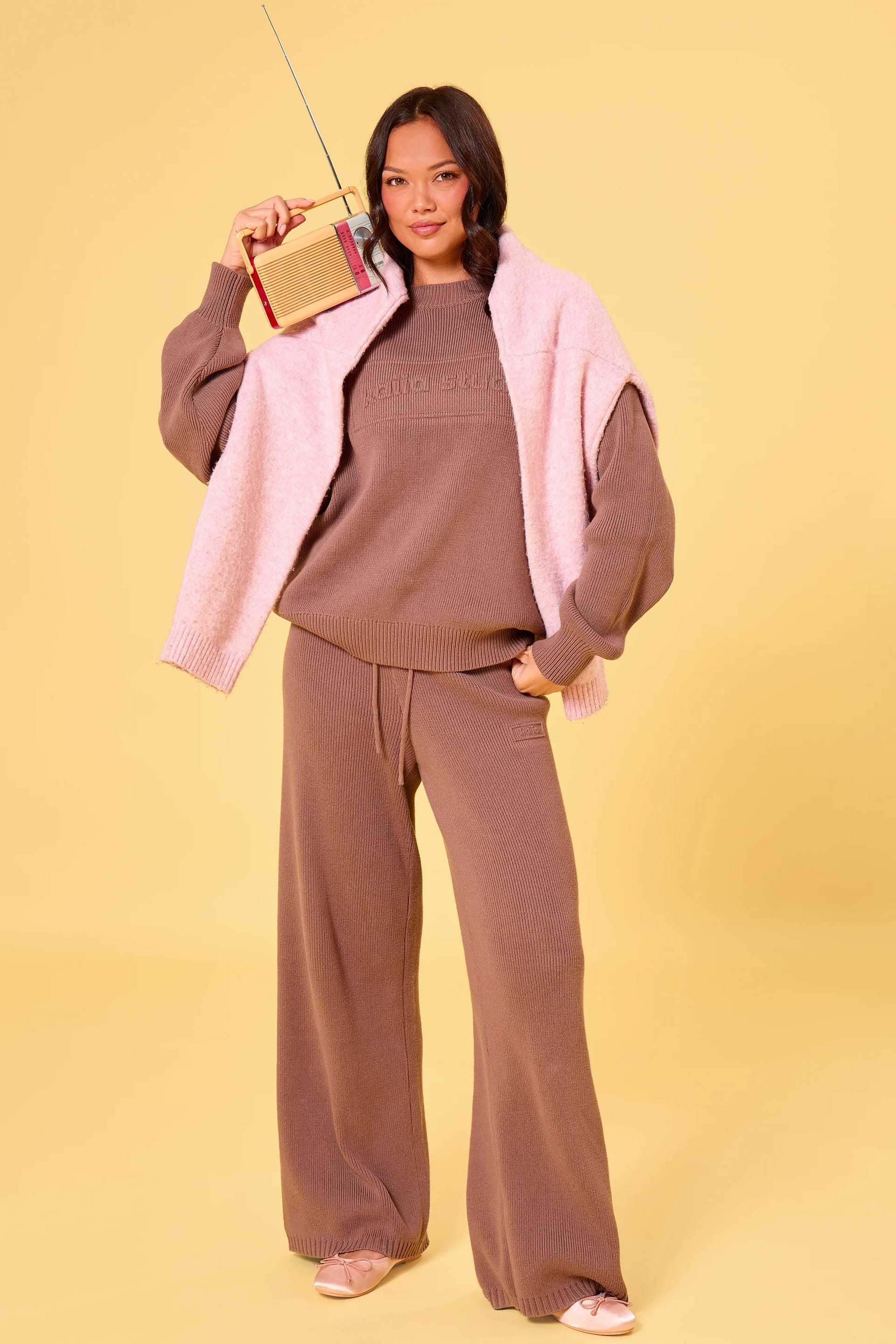 Kaiia Mocha Embossed Knit Wide Leg Trousers