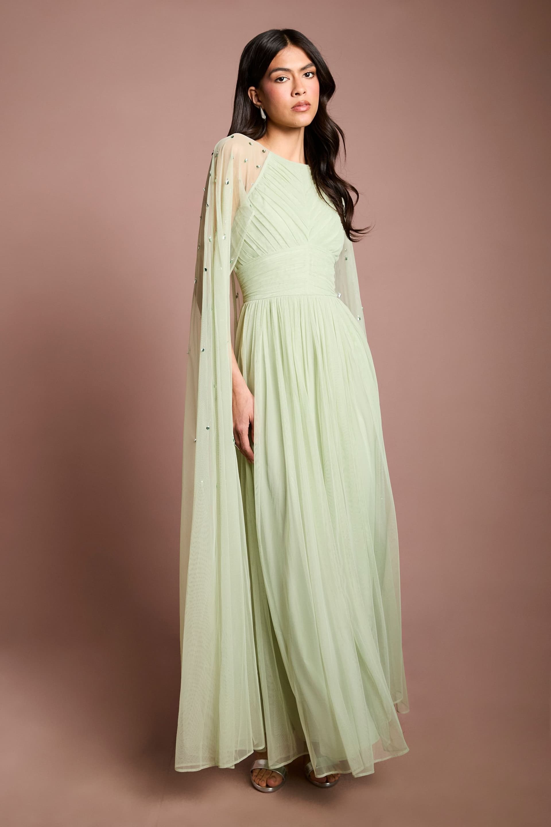 Coast Coast Women's Pleated Mesh Cape Maxi Dress With Gemstone in Sage