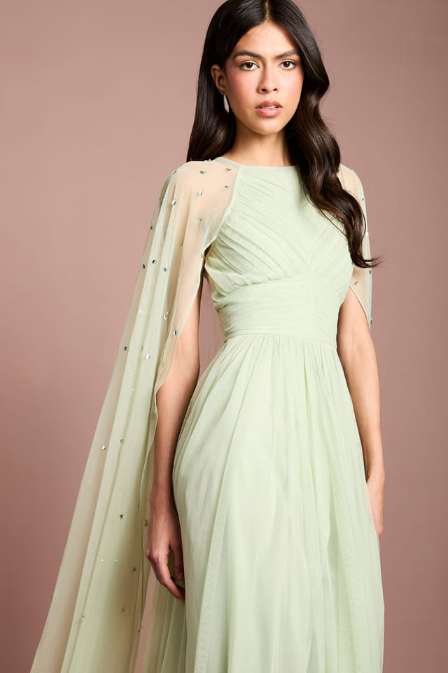 Coast Coast Women's Pleated Mesh Cape Maxi Dress With Gemstone in Sage - 2