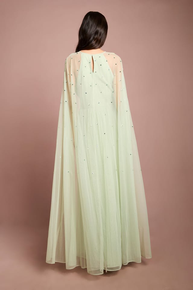 Coast Coast Women's Pleated Mesh Cape Maxi Dress With Gemstone in Sage - 3