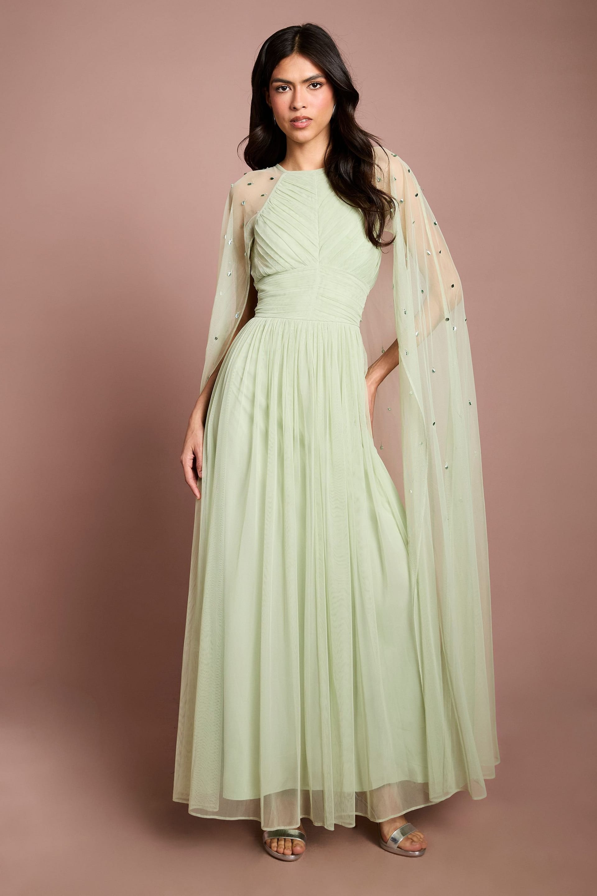 Coast Coast Women's Pleated Mesh Cape Maxi Dress With Gemstone in Sage - 4