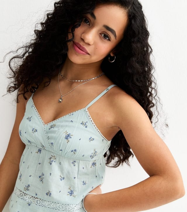 New Look Girls' Blue Cotton Floral Babydoll Cami Top New Look - 2