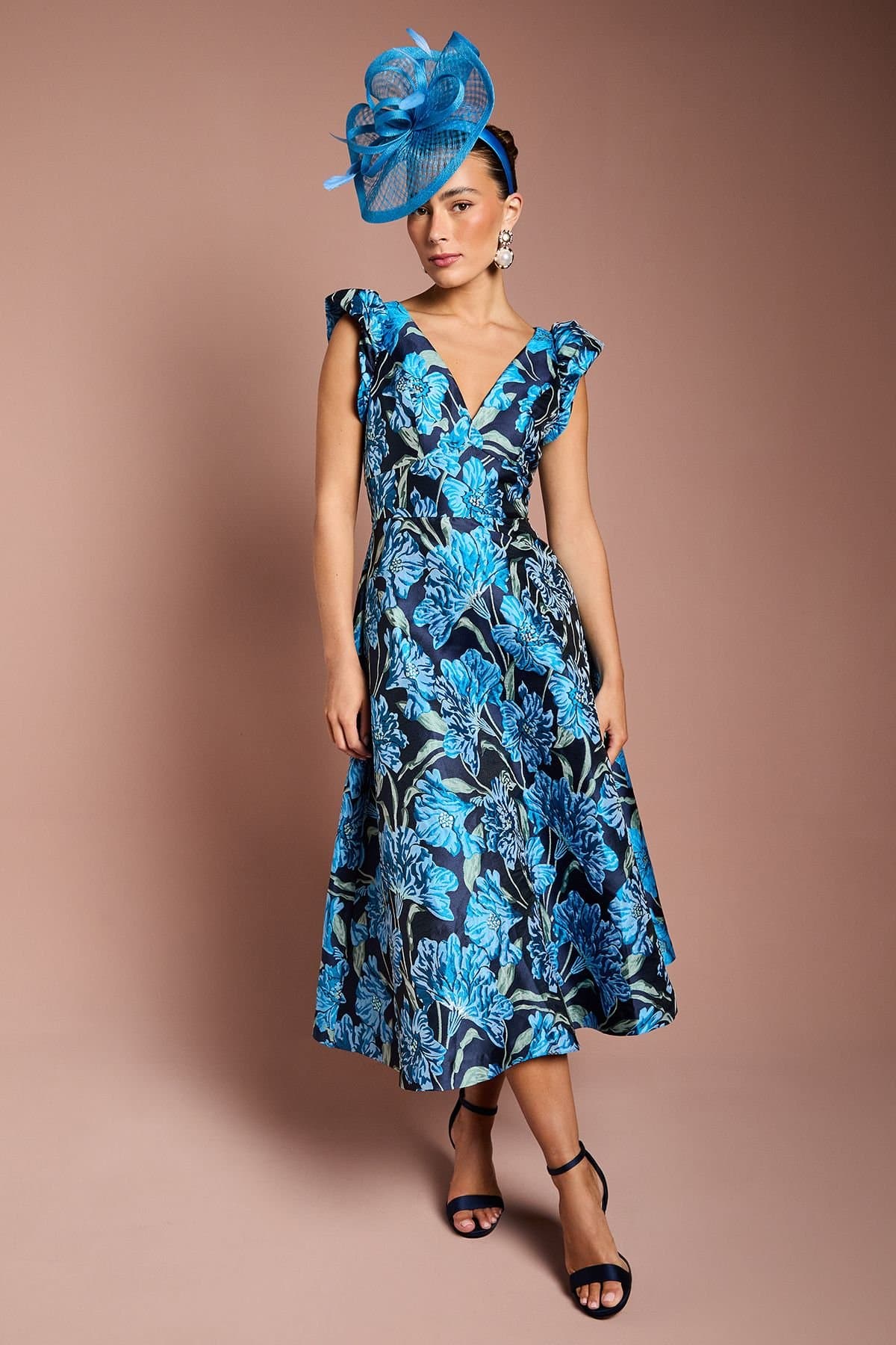 Coast Coast Women's V Neck Floral Jacquard Midi Dress in Blue