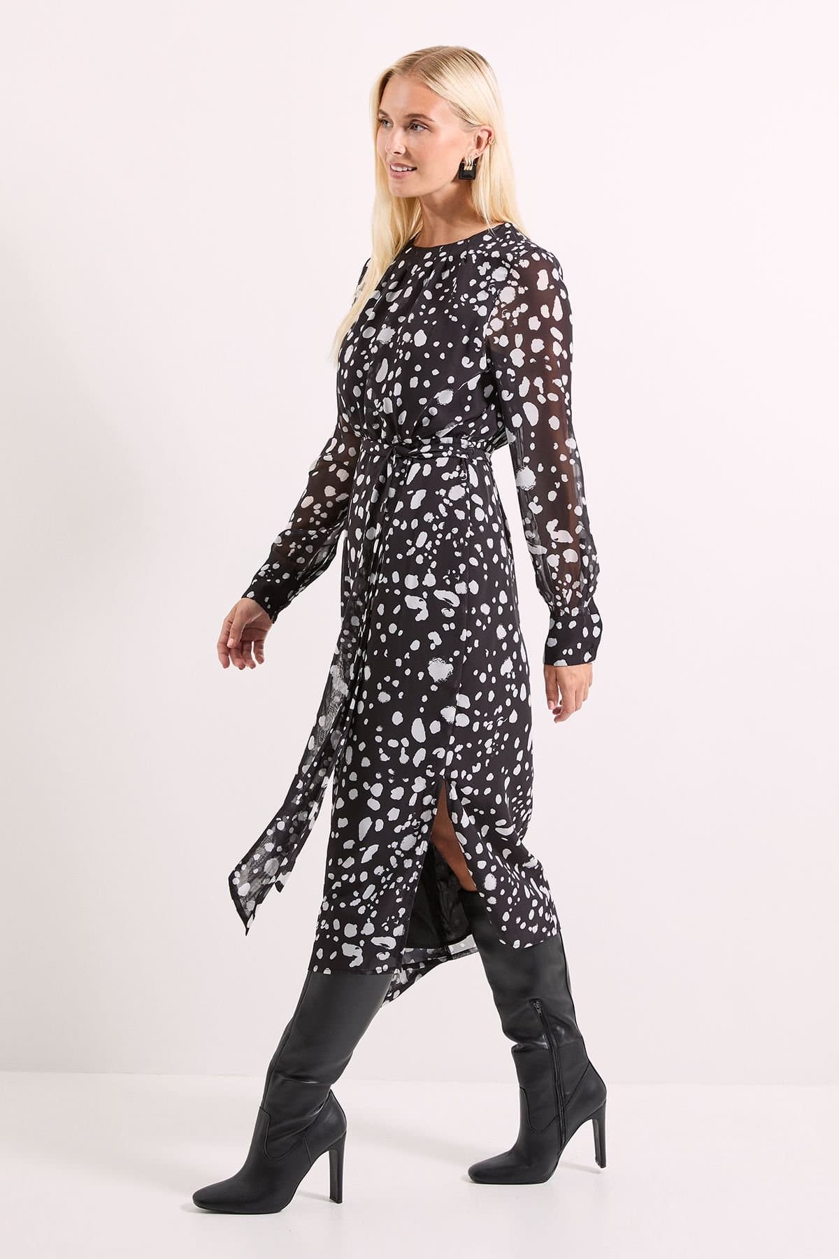 Principles Principles Women's Mono Spot Pleat Tie Waist Midi Dress