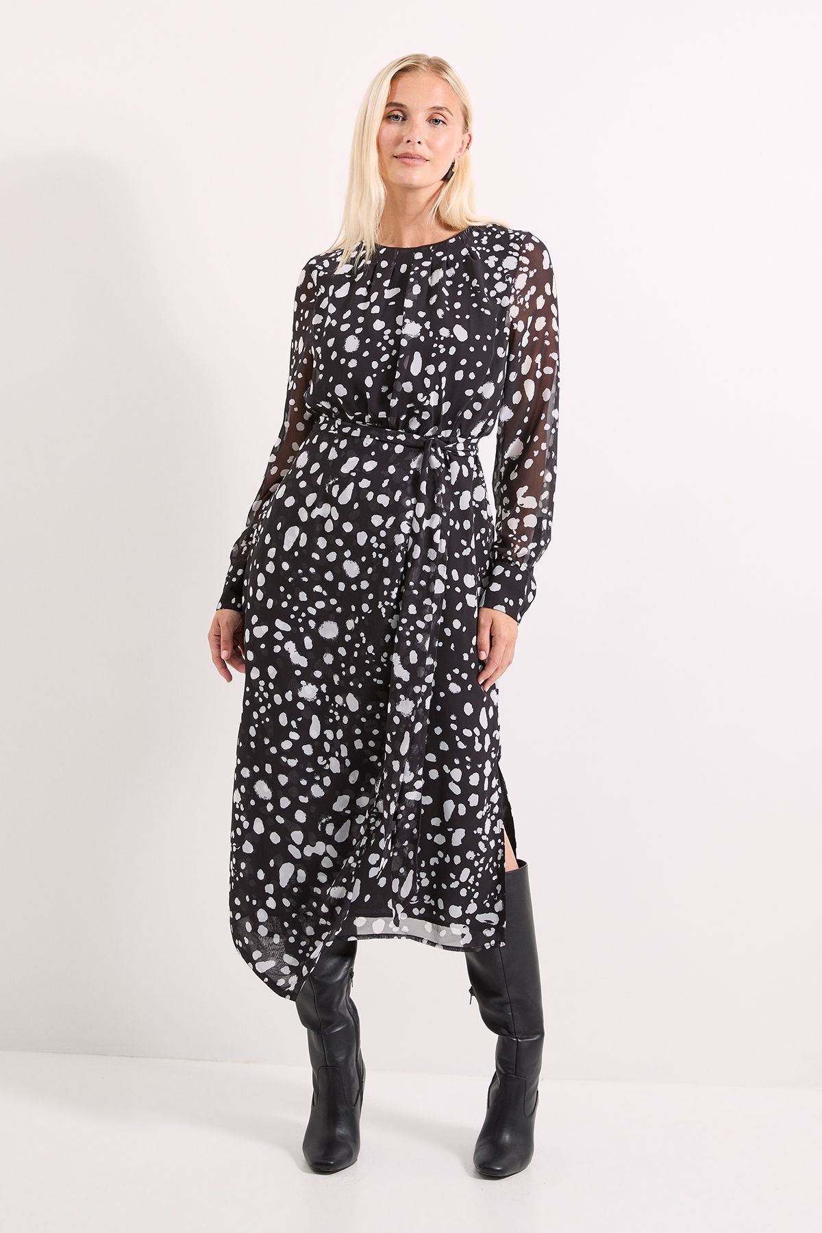 Principles Principles Women's Mono Spot Pleat Tie Waist Midi Dress - 4