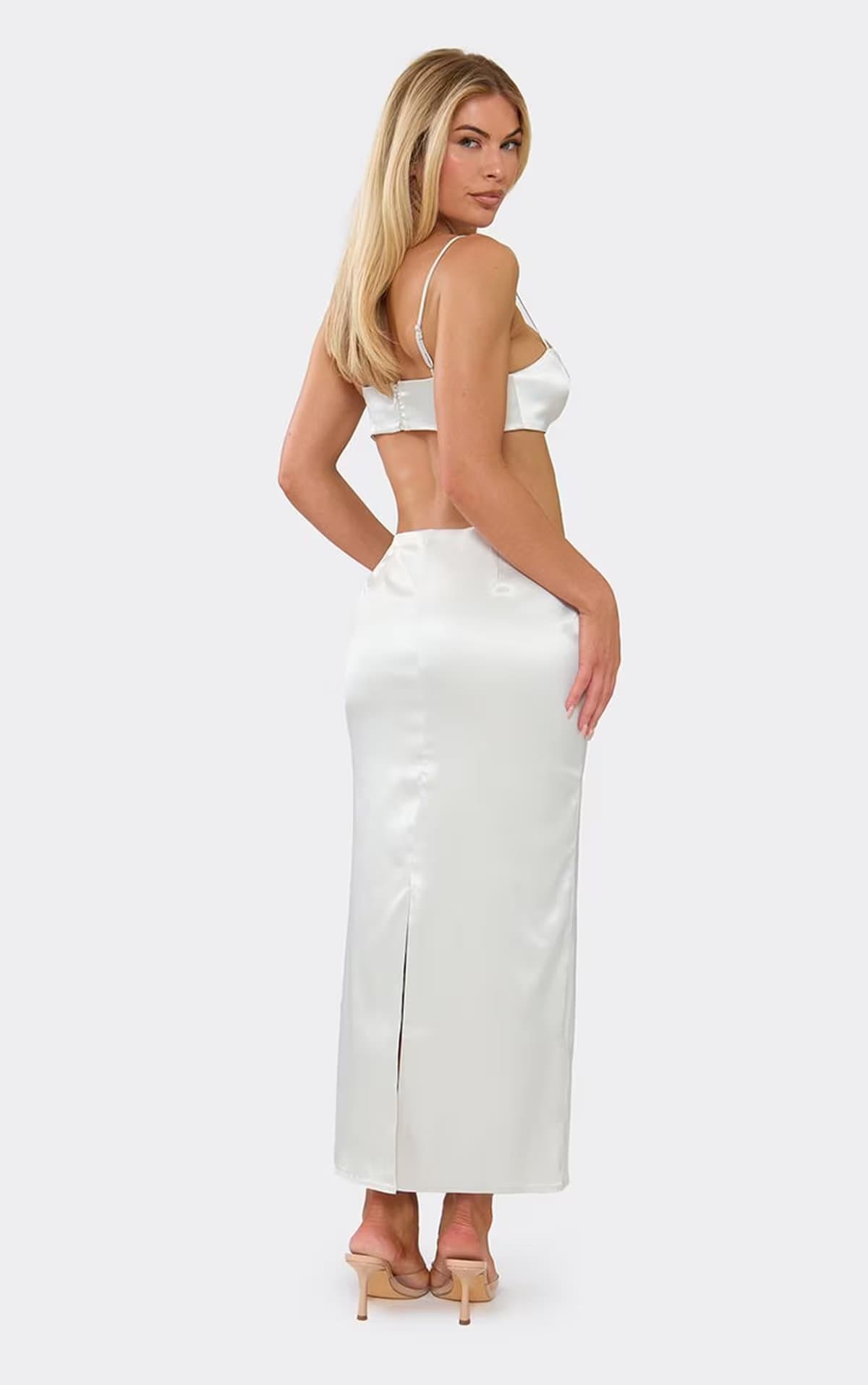 EGO High Waist Back Split Maxi Skirt In Silver Satin, Women's Size UK 6
