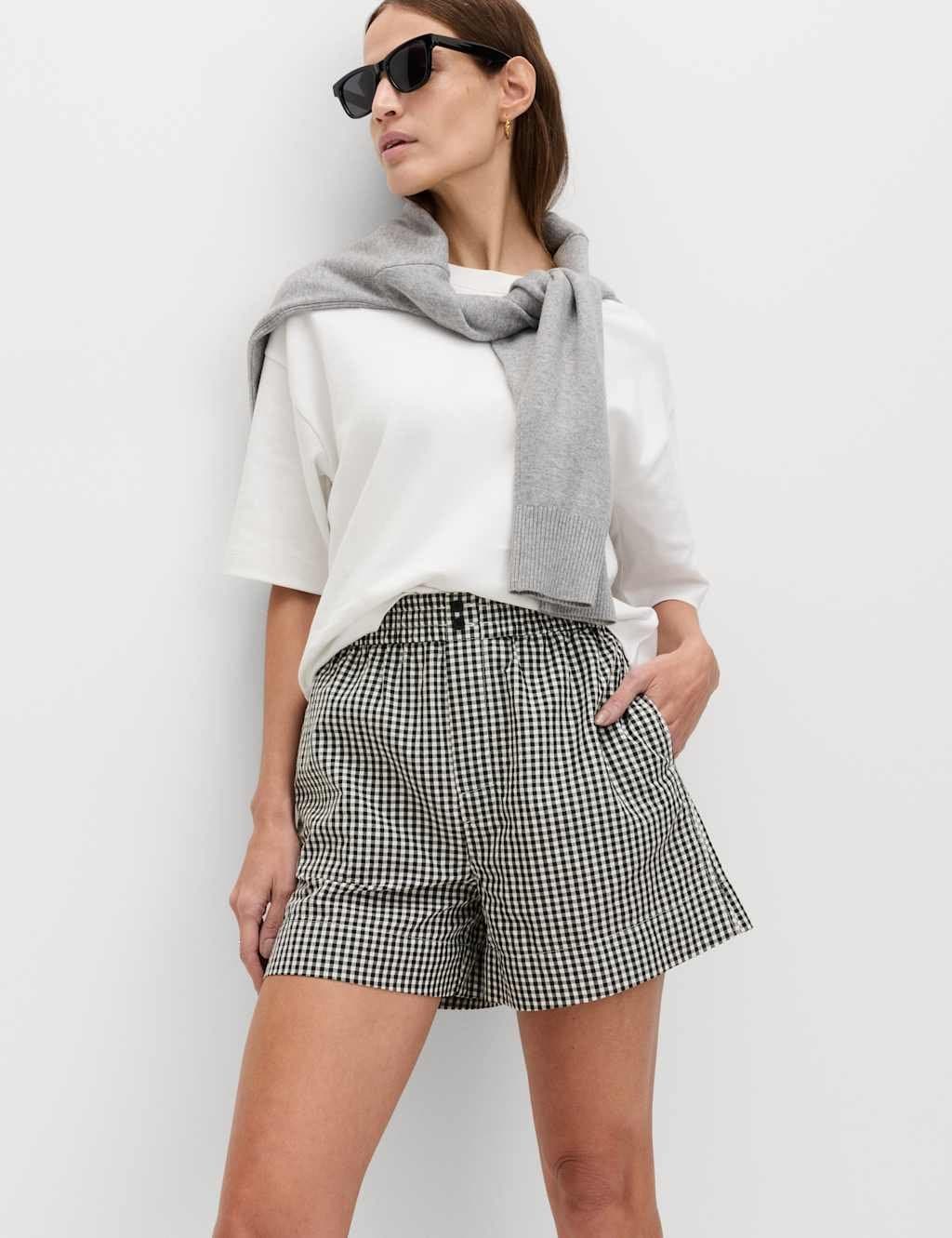 Marks & Spencer M&S Gingham High Waisted Shorts Black Mix