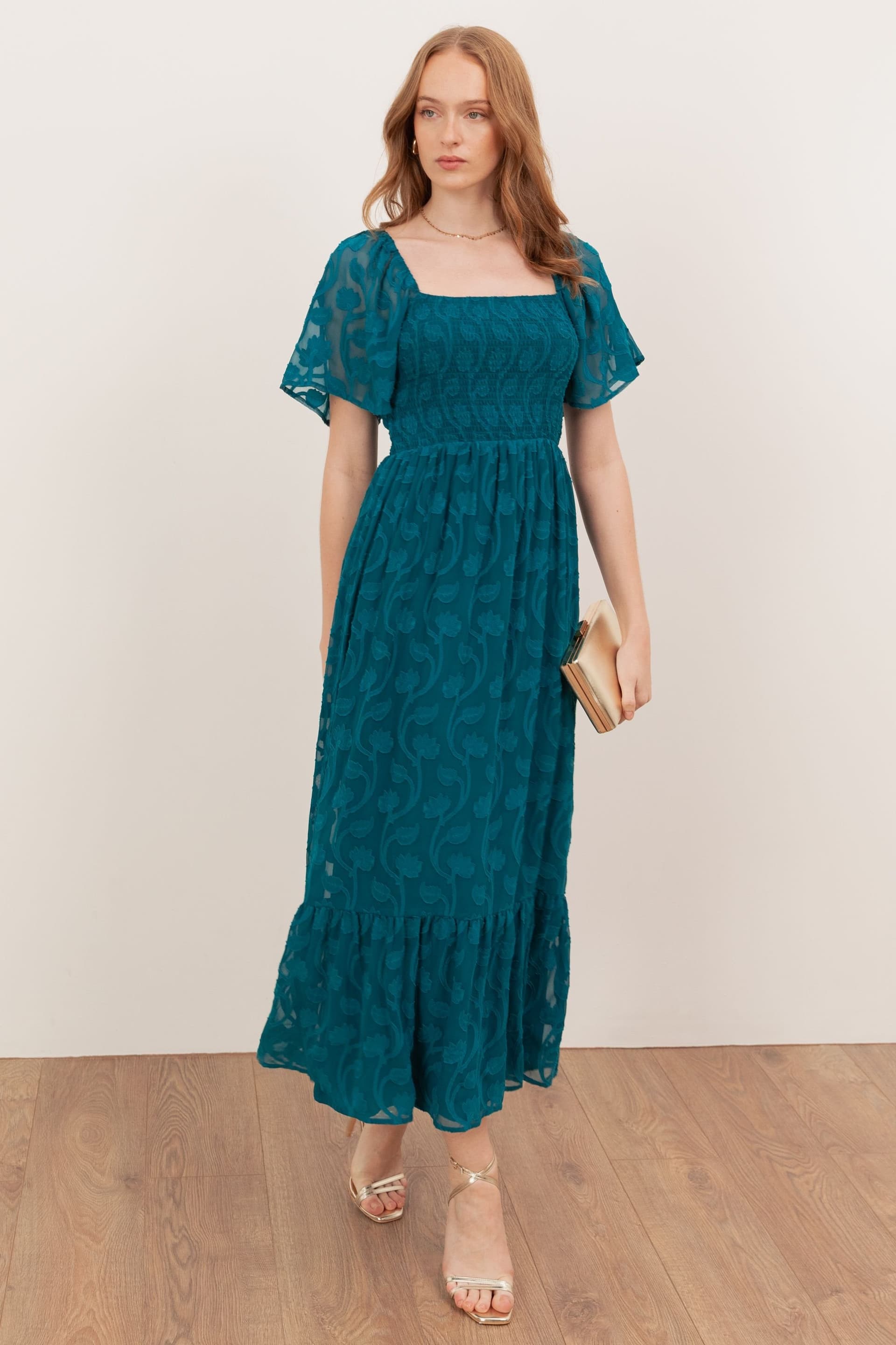 Lovedrobe Lovedrobe Women's Floral Burnout Square Neck Shirred Midaxi Dress in Teal