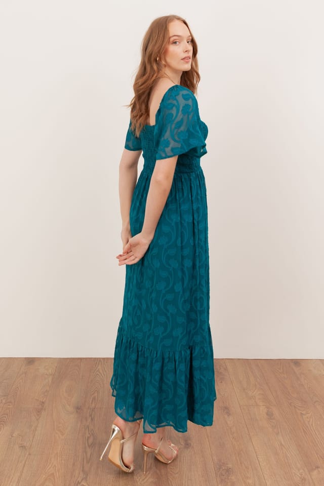 Lovedrobe Lovedrobe Women's Floral Burnout Square Neck Shirred Midaxi Dress in Teal - 2