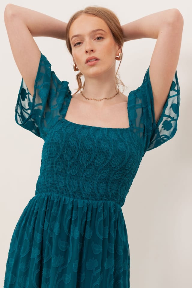 Lovedrobe Lovedrobe Women's Floral Burnout Square Neck Shirred Midaxi Dress in Teal - 3