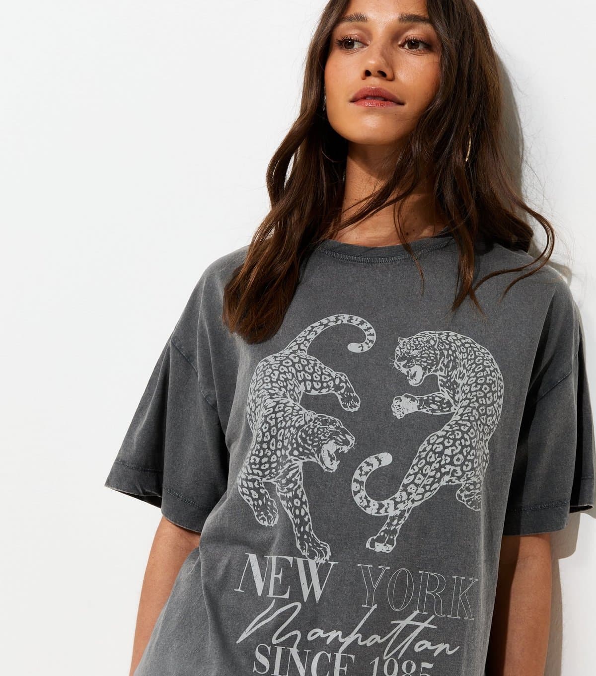 New Look New Look Dark Grey Cotton Leopard Acid Wash Oversized T-Shirt