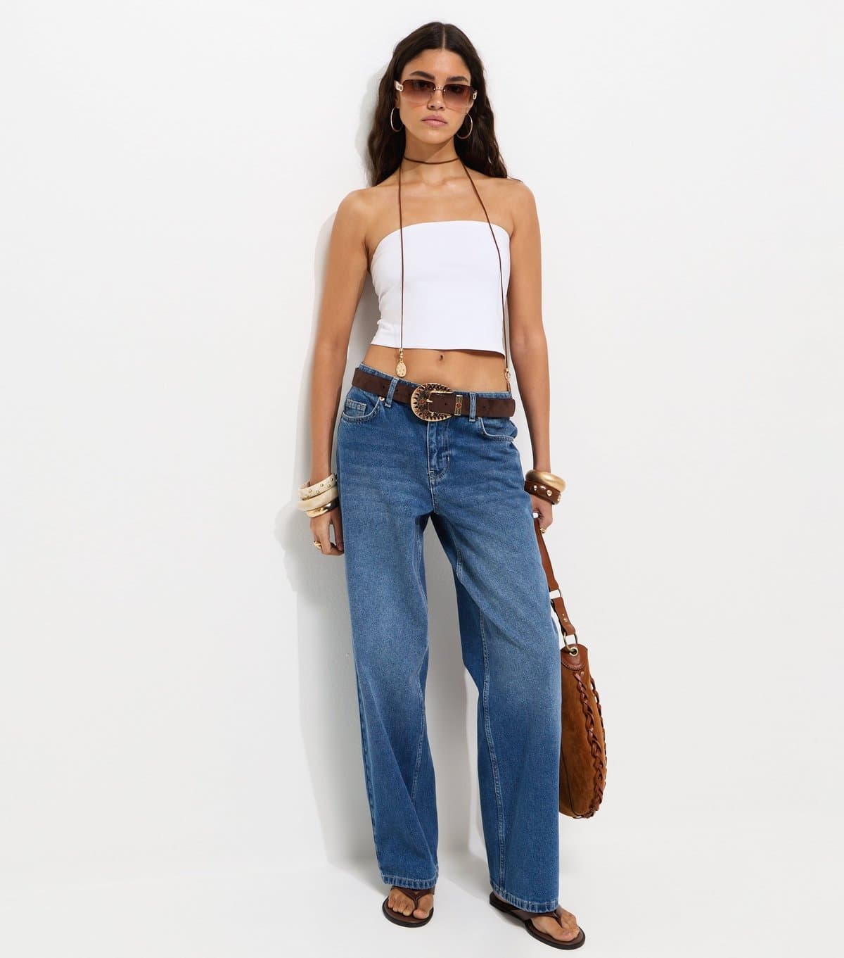 New Look Women's Dark Blue Belted Tab Straight Leg Jeans New Look