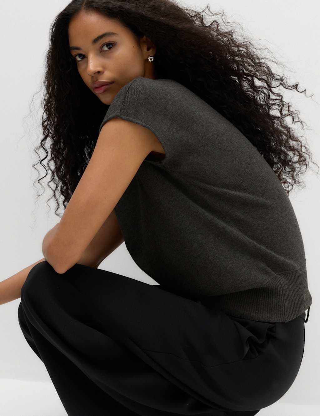 Marks & Spencer M&S Draped Neck Knitted Top with Wool Charcoal