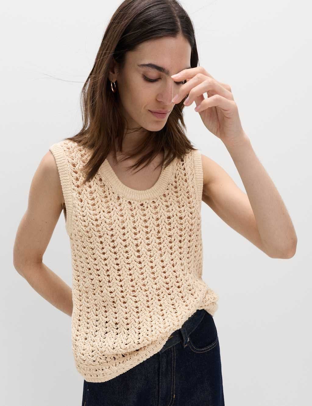 Marks & Spencer M&S Cotton Rich Crochet-Style Scoop Neck Knitted Vest Blonde