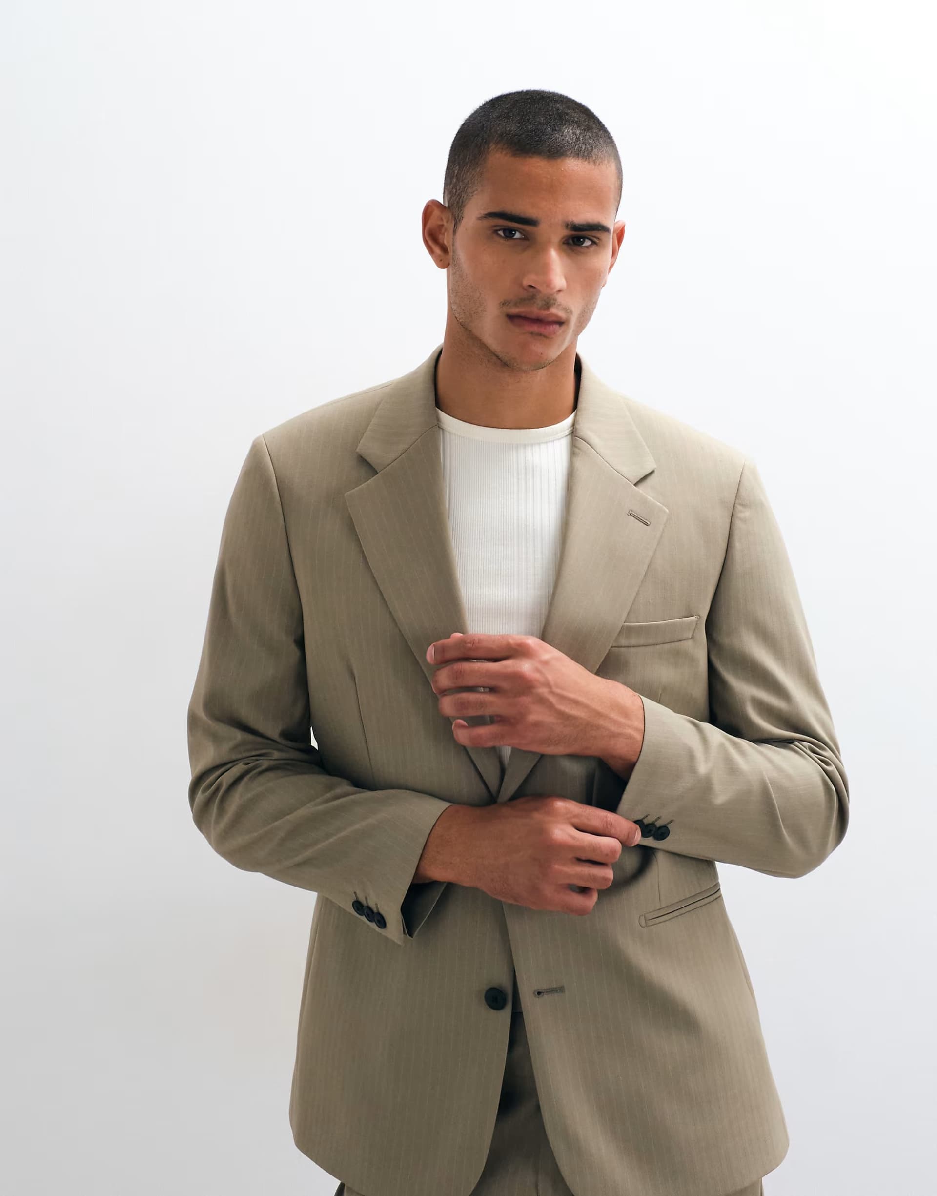 ASOS ASOS DESIGN slim suit jacket in khaki pinstripe