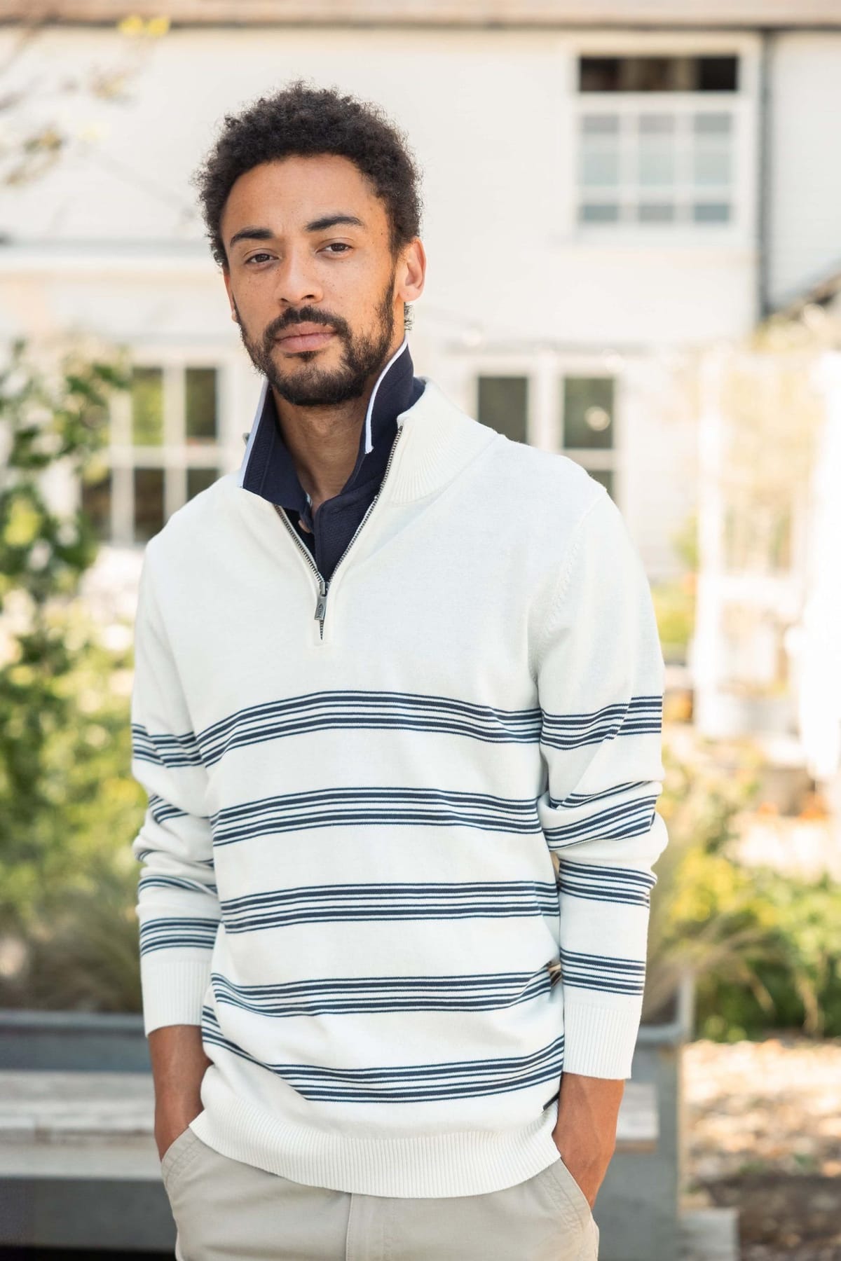 Weird Fish Weird Fish Men's Gunnar 1/4 Zip Fine Knit Stripe Jumper in Cream - 1