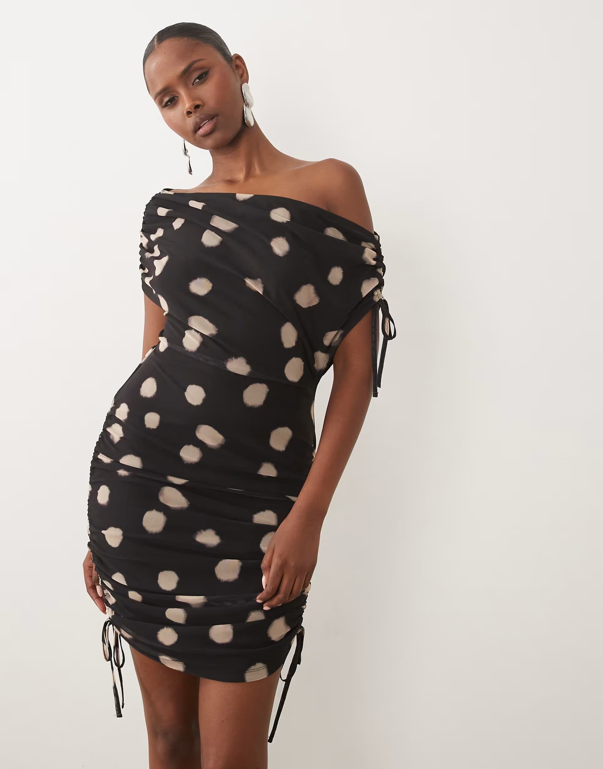 ASOS ASOS DESIGN printed mesh asymmetric ruched side detail mini dress in mono spot print