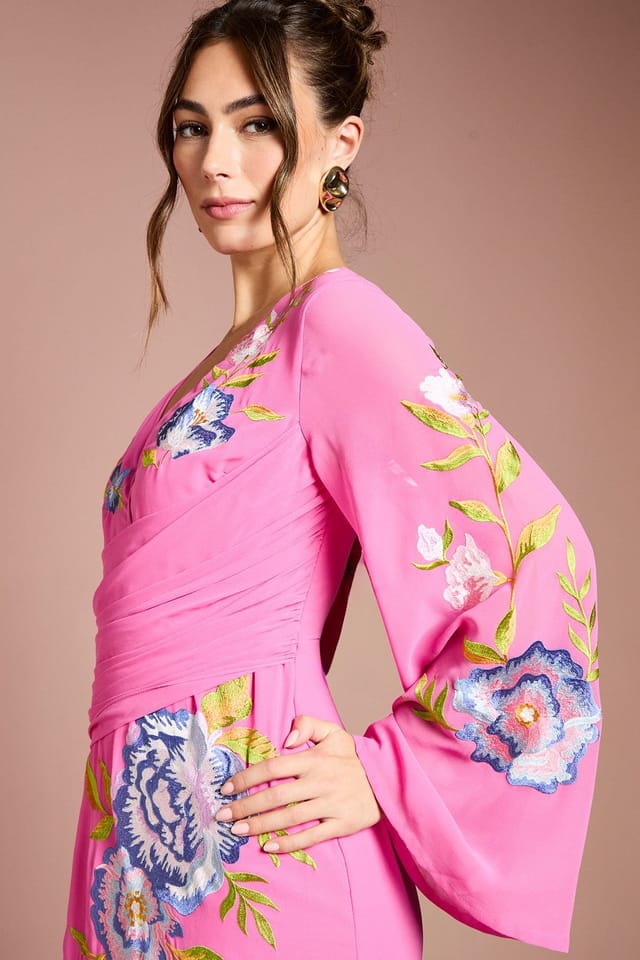 Coast Coast Women's Embroidered V Neck Wrap Midi Dress in Hot Pink - 2