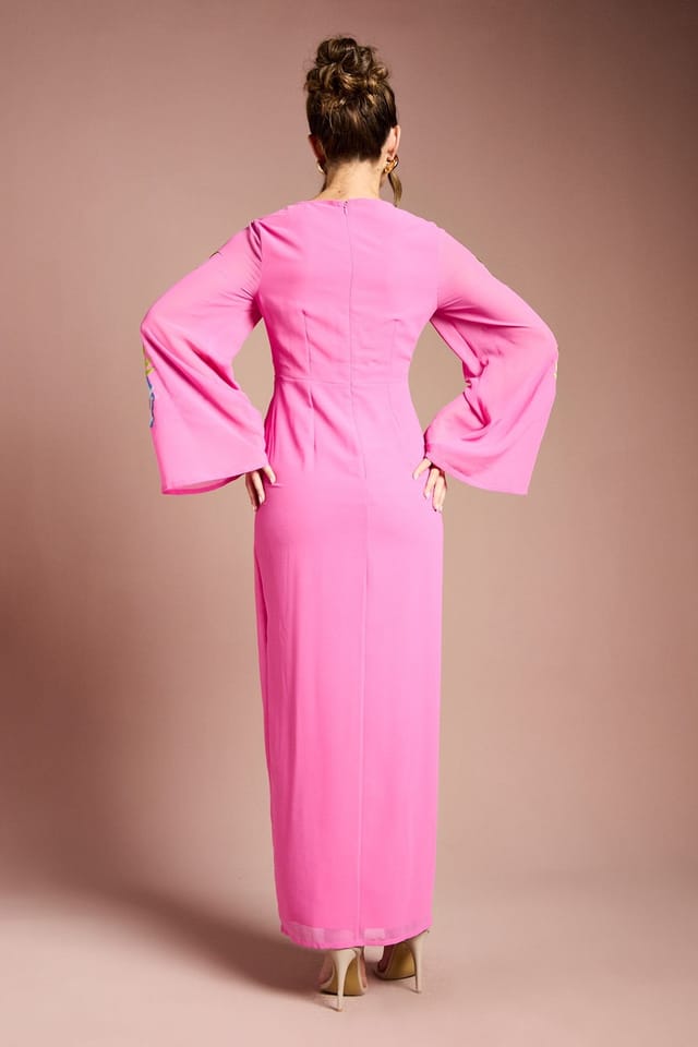 Coast Coast Women's Embroidered V Neck Wrap Midi Dress in Hot Pink - 3