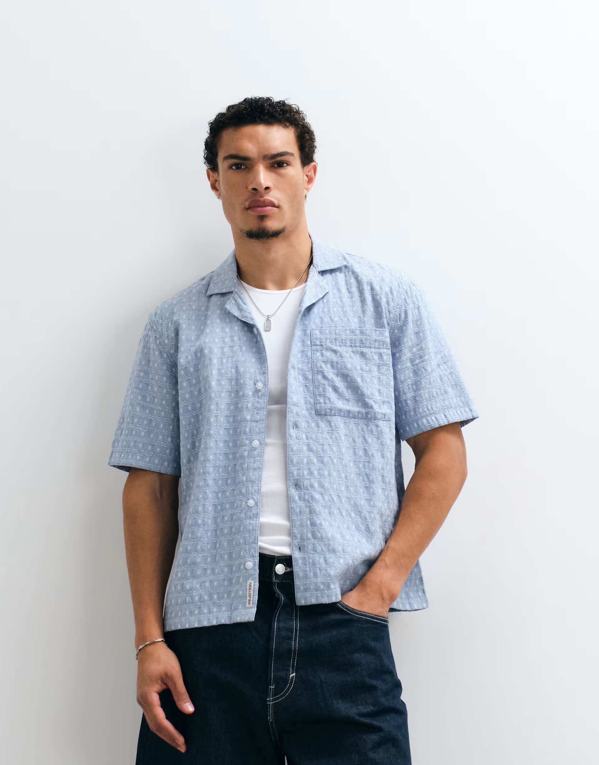 ASOS Hollister textured short sleeve shirt in all over blue print