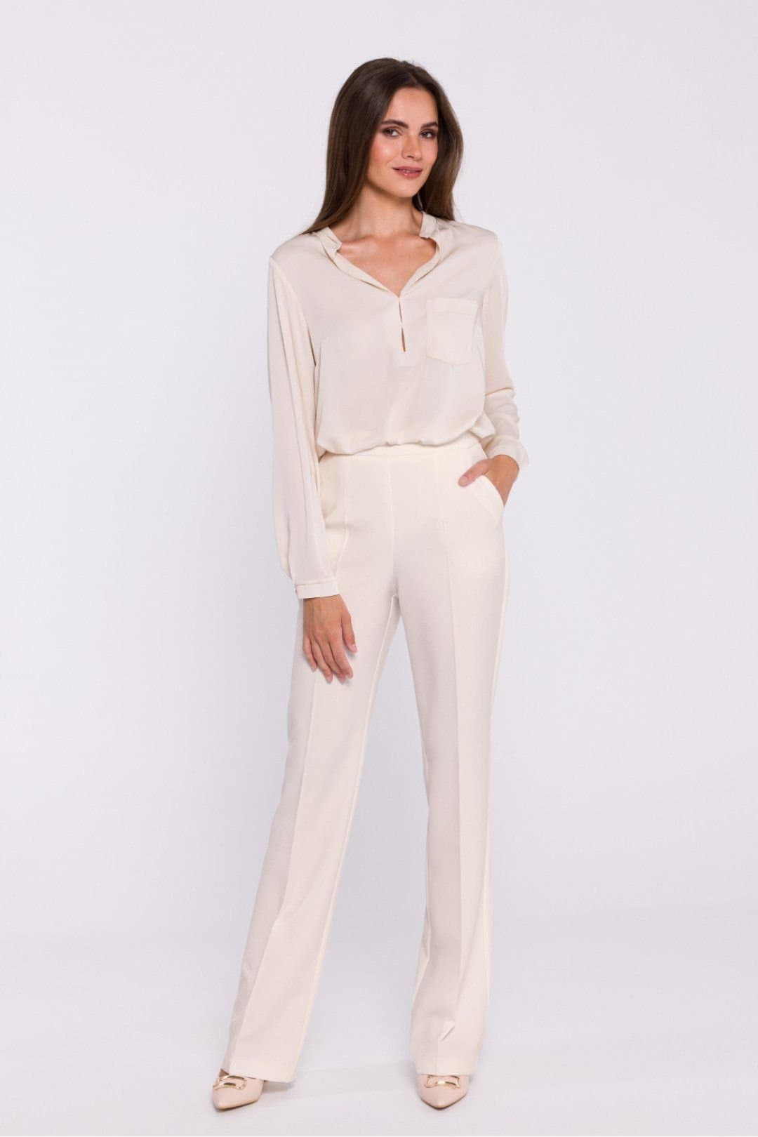 Love Lace Love Lace Women's High Rise Flared Fabric Trousers Pressed Crease in Beige