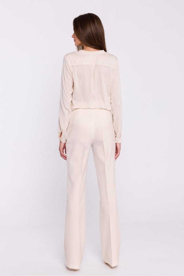 Love Lace Love Lace Women's High Rise Flared Fabric Trousers Pressed Crease in Beige - 2