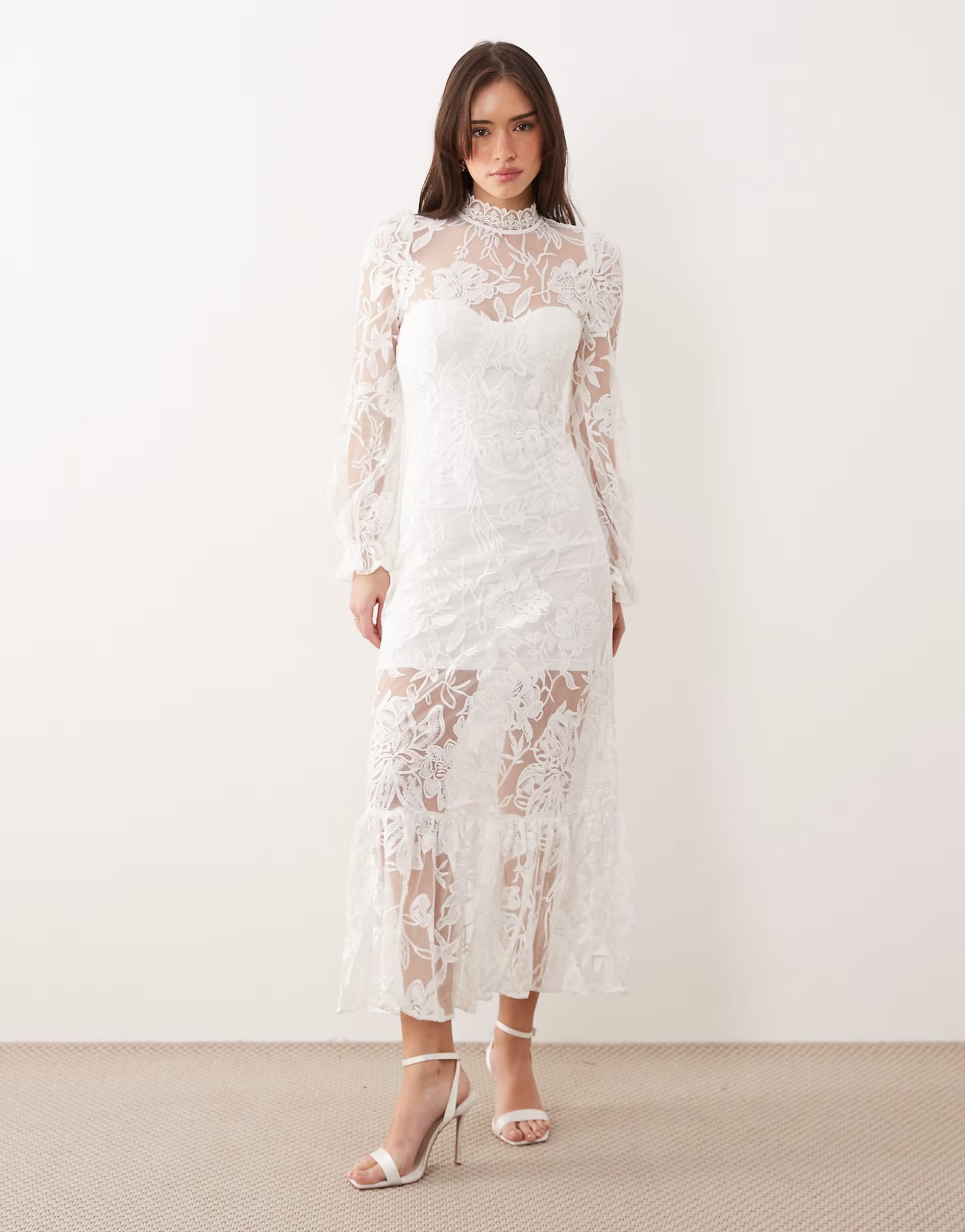 ASOS JW PEI high neck lace long sleeve maxi dress in white