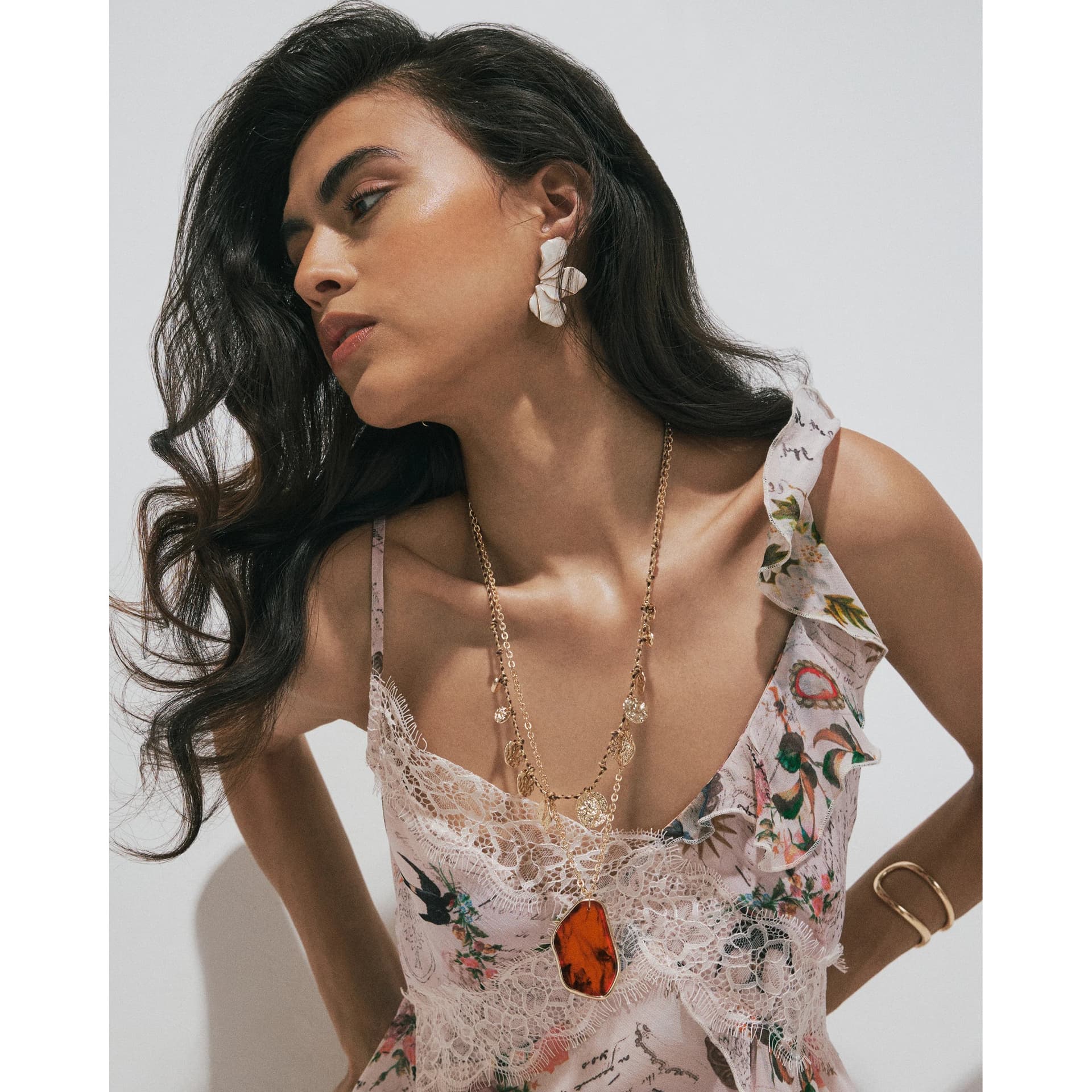 River Island River Island Womens Gold Faux Agate Coin Charm Multirow Necklace