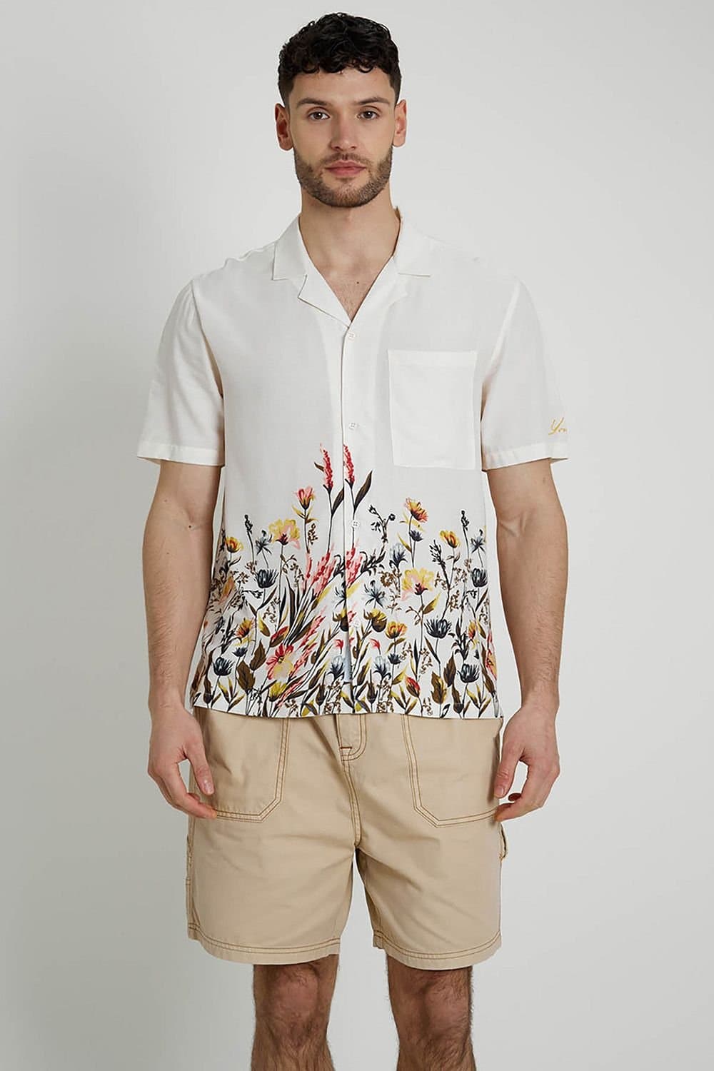 Native Youth Native Youth Men's Short Sleeve Lightweight Border Print Relaxed Shirt in Cream