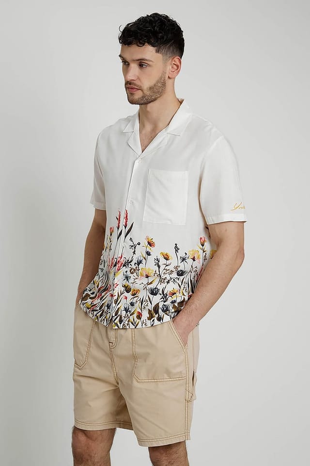 Native Youth Native Youth Men's Short Sleeve Lightweight Border Print Relaxed Shirt in Cream - 3