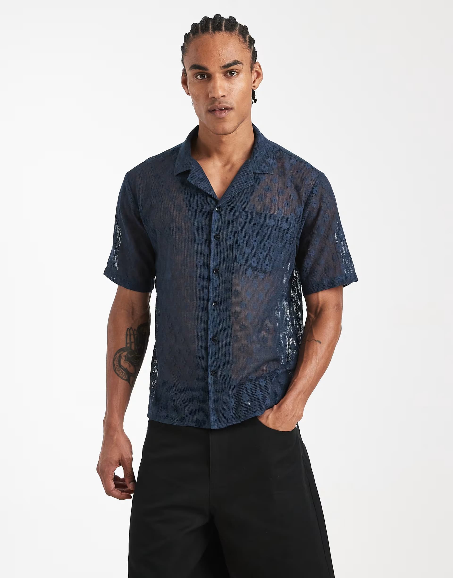 ASOS Sol Beach crochet embroidered beach shirt in navy
