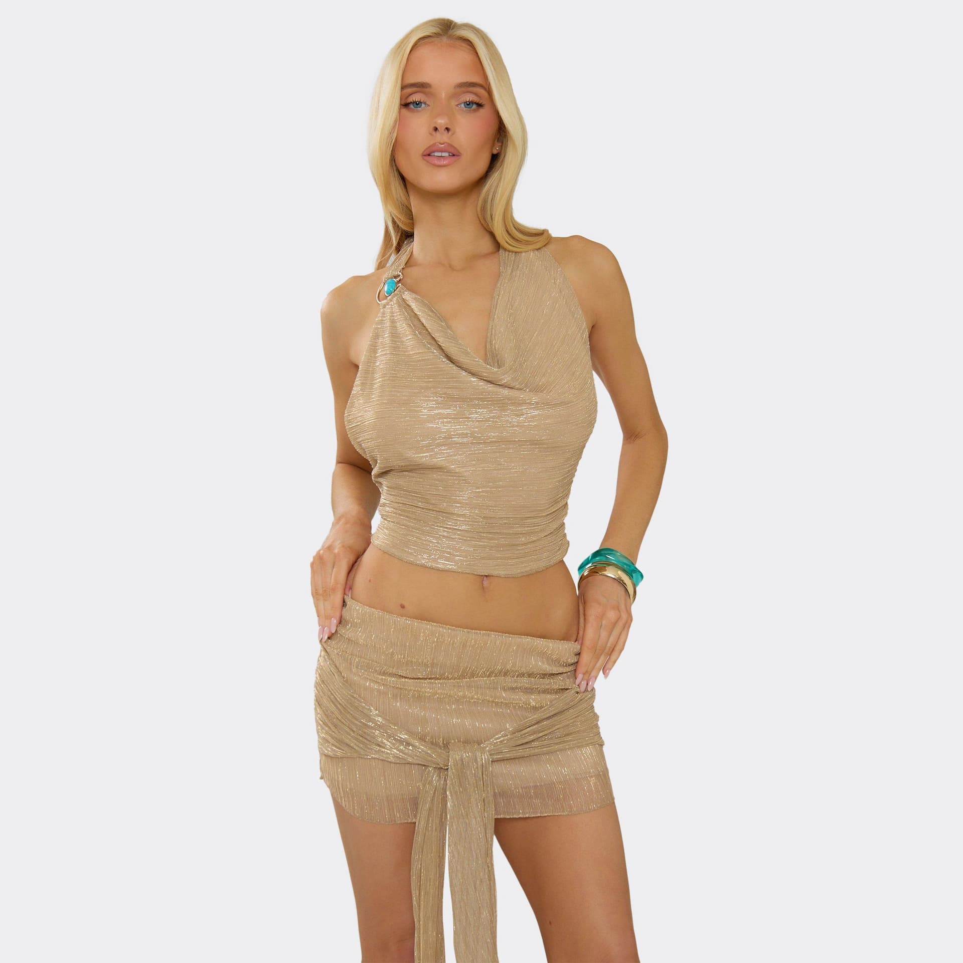 EGO Cowl Halterneck Trim Detail Top In Gold, Women's Size UK 6