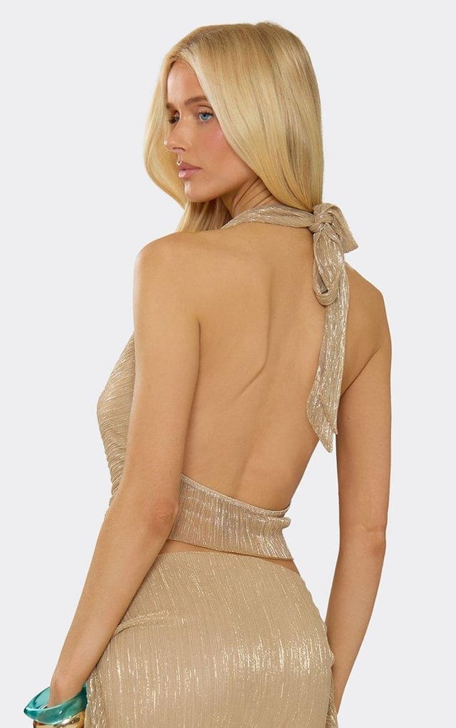 EGO Cowl Halterneck Trim Detail Top In Gold, Women's Size UK 6 - 2