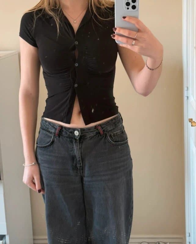 ASOS Ruched Black Button Down Top Blouse