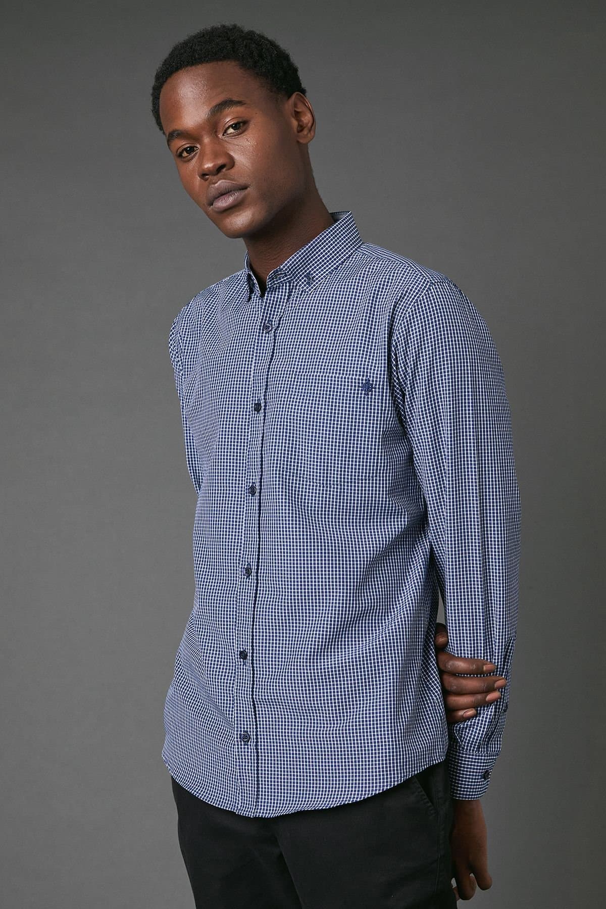 Maine Maine Men's Dark Navy Grid Check Long Sleeve Shirt