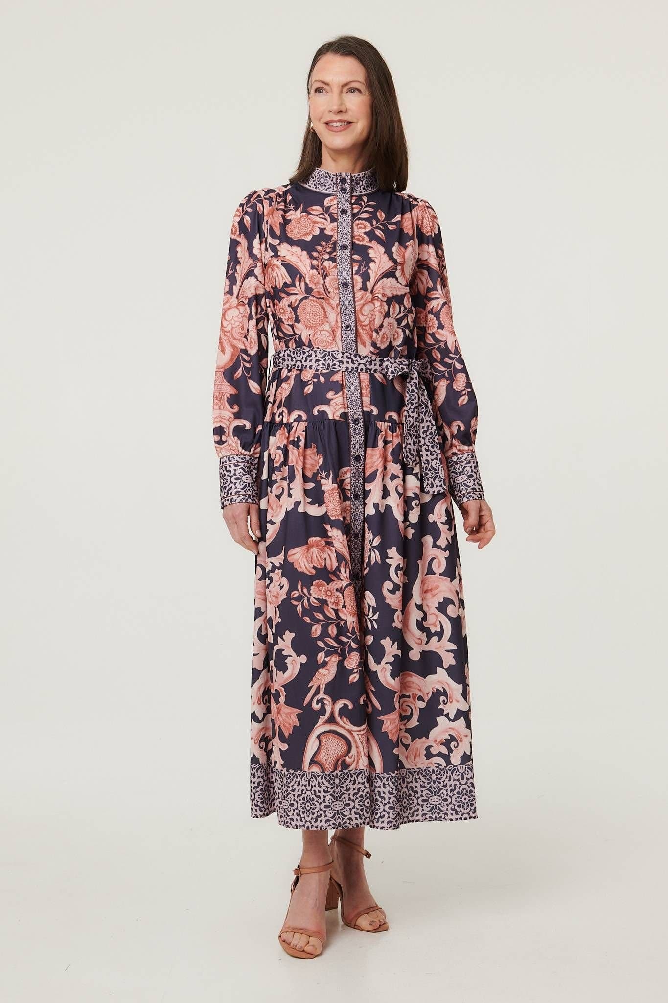 Izabel London Izabel London Women's Border Print High Neck Maxi Shirt Dress in Navy