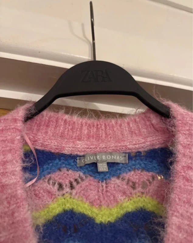 Oliver Bonas Oliver Bonas Pink Blue Lime Green Wavy Stripe Wool Blend Knitted Sweater Vest / Waistcoat Jumper