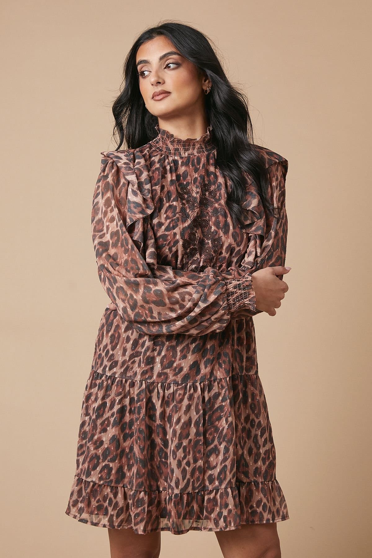 Oasis Oasis Women's Animal Print Embroidered Dobby Chiffon Mini Dress in Brown