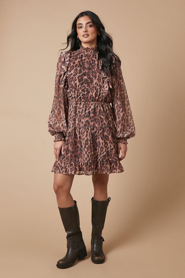Oasis Oasis Women's Animal Print Embroidered Dobby Chiffon Mini Dress in Brown - 2