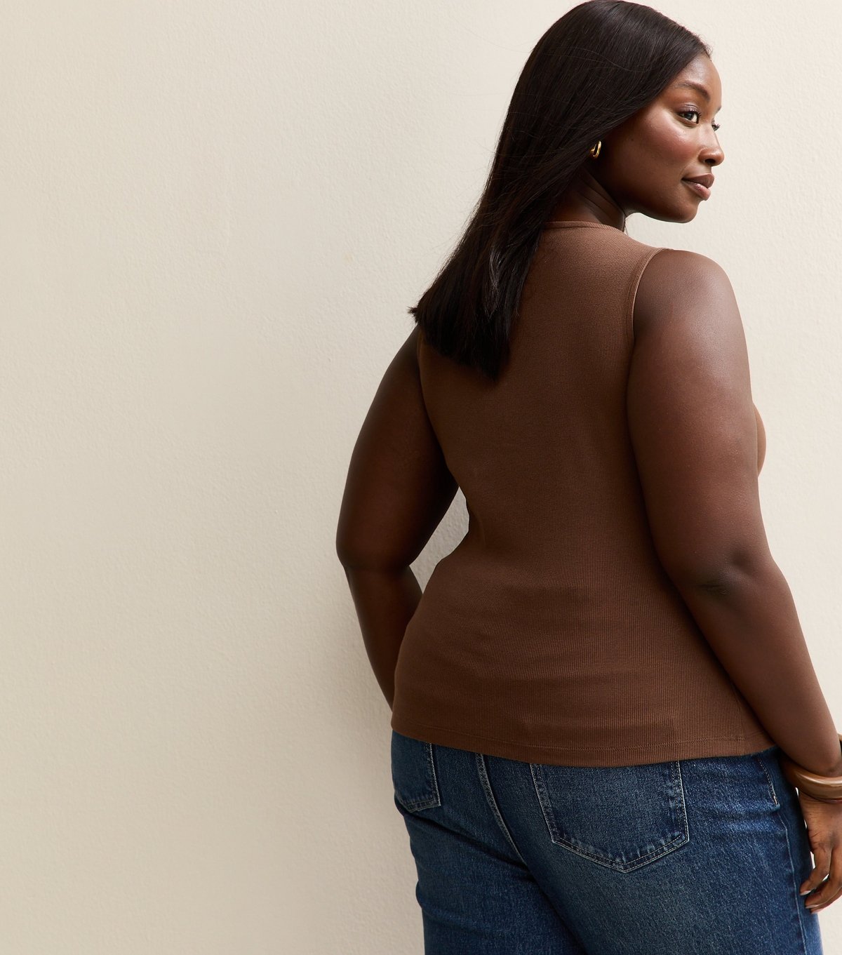 New Look Women's Plus Size Dark Brown Button Through Ribbed Tank Top Curves New Look - 4