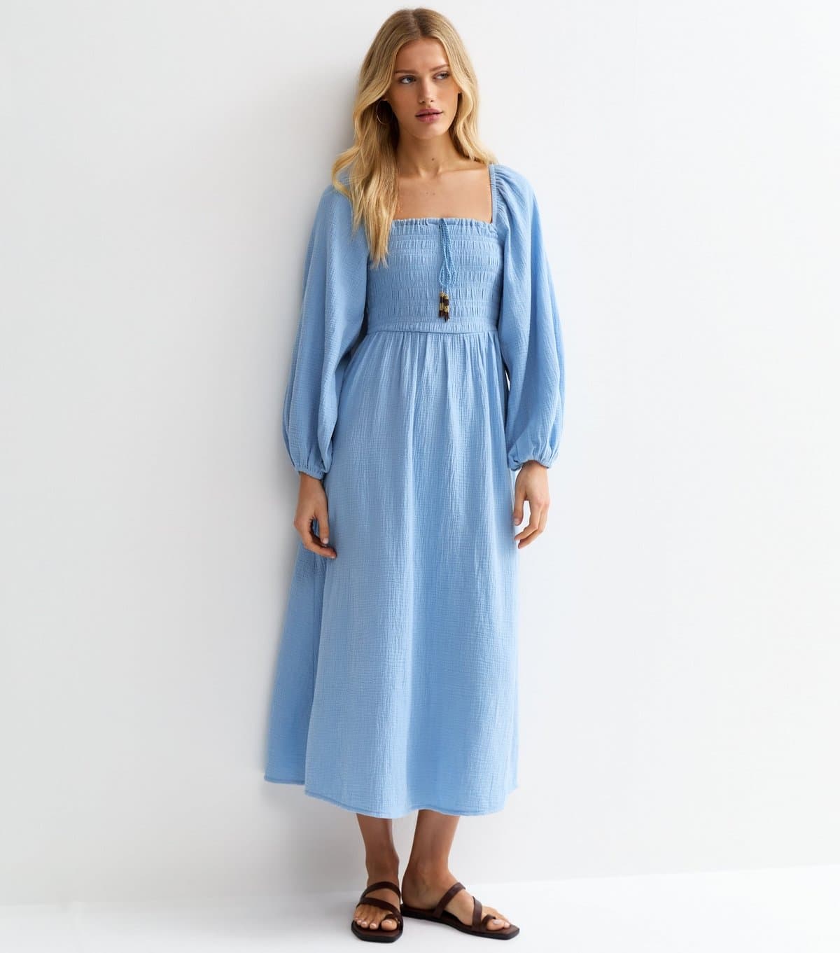 New Look Women's Light Blue Cotton Shirred Milkmaid Midi Dress New Look