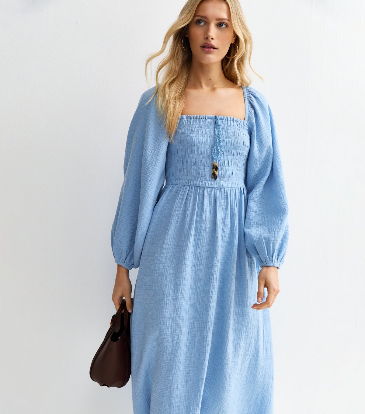 New Look Women's Light Blue Cotton Shirred Milkmaid Midi Dress New Look - 2