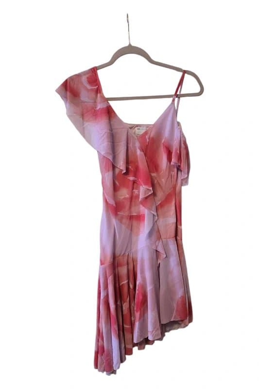 ASOS Design Pink and red floral one‑shoulder dress.Size 10