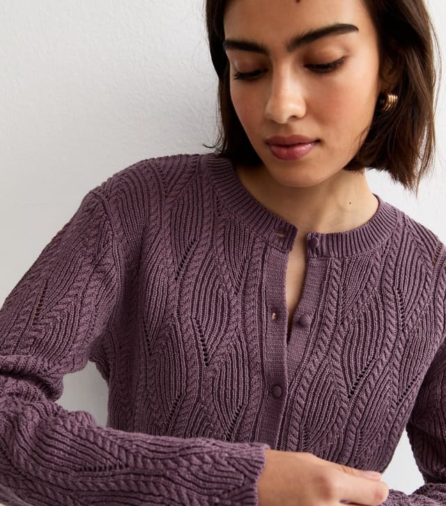 New Look Women's Light Purple Cotton Rich Ladder Stitch Scallop Trim Knitted Cardigan New Look - 2