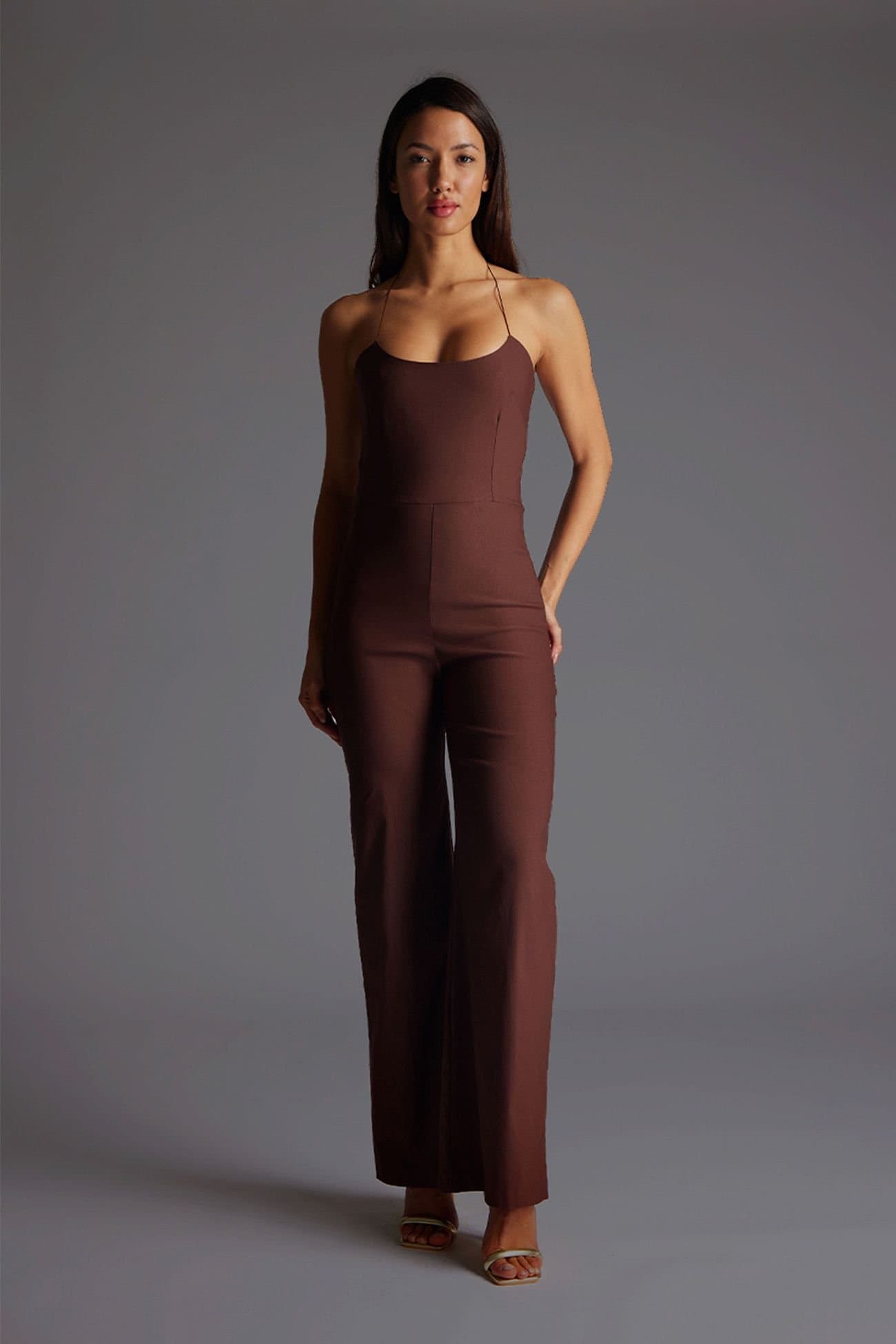 Vesper Vesper Women's Tie Neck Wide Leg Jumpsuit in Chocolate