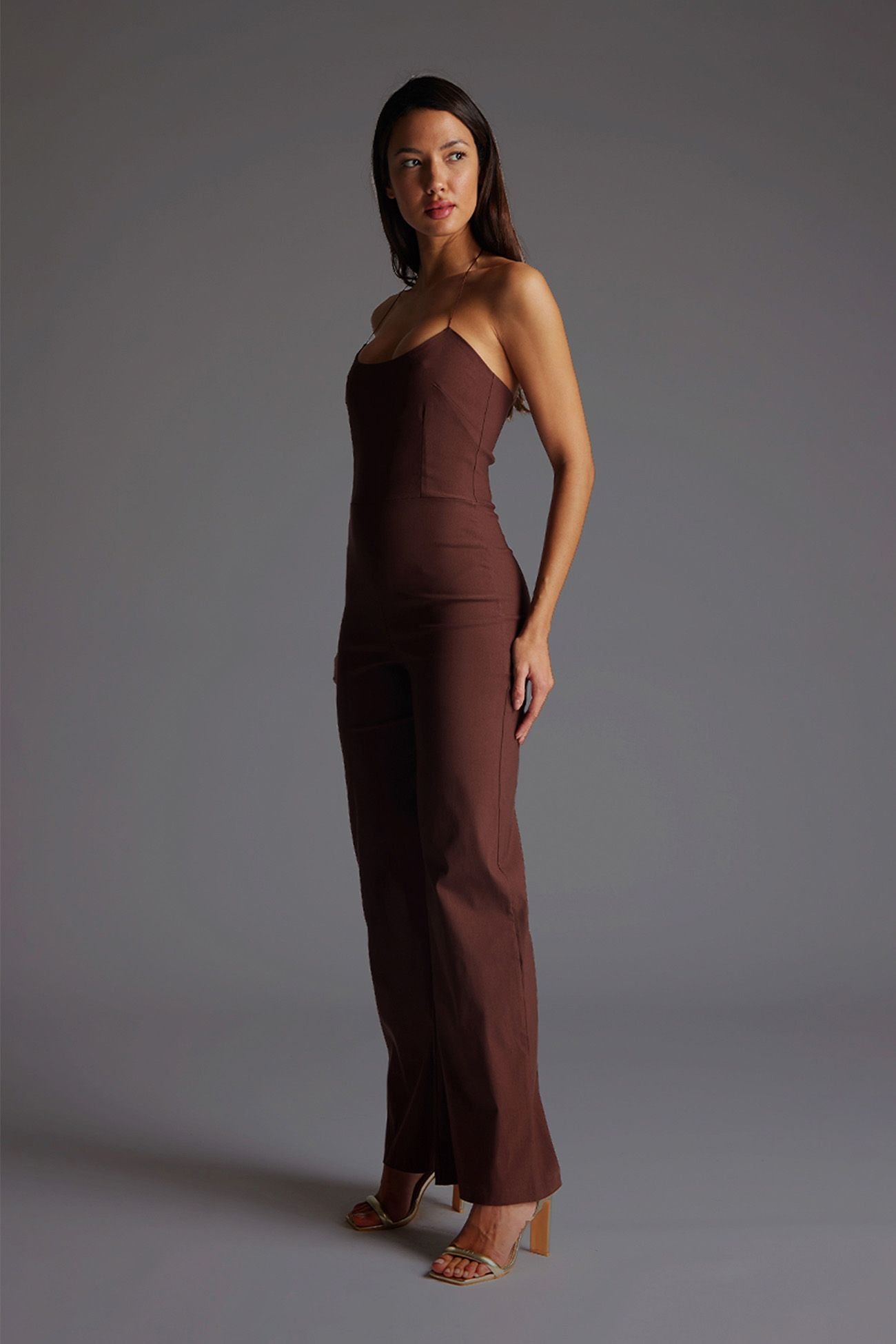 Vesper Vesper Women's Tie Neck Wide Leg Jumpsuit in Chocolate - 2